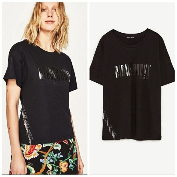 ZARA black high above riding all night metal tassel‎ tee L - Picture 2 of 10